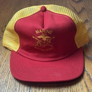 Vintage Marine Artillery Hat Cap Snap Back Red Yellow Mesh Trucker Mens‎ USA 80s